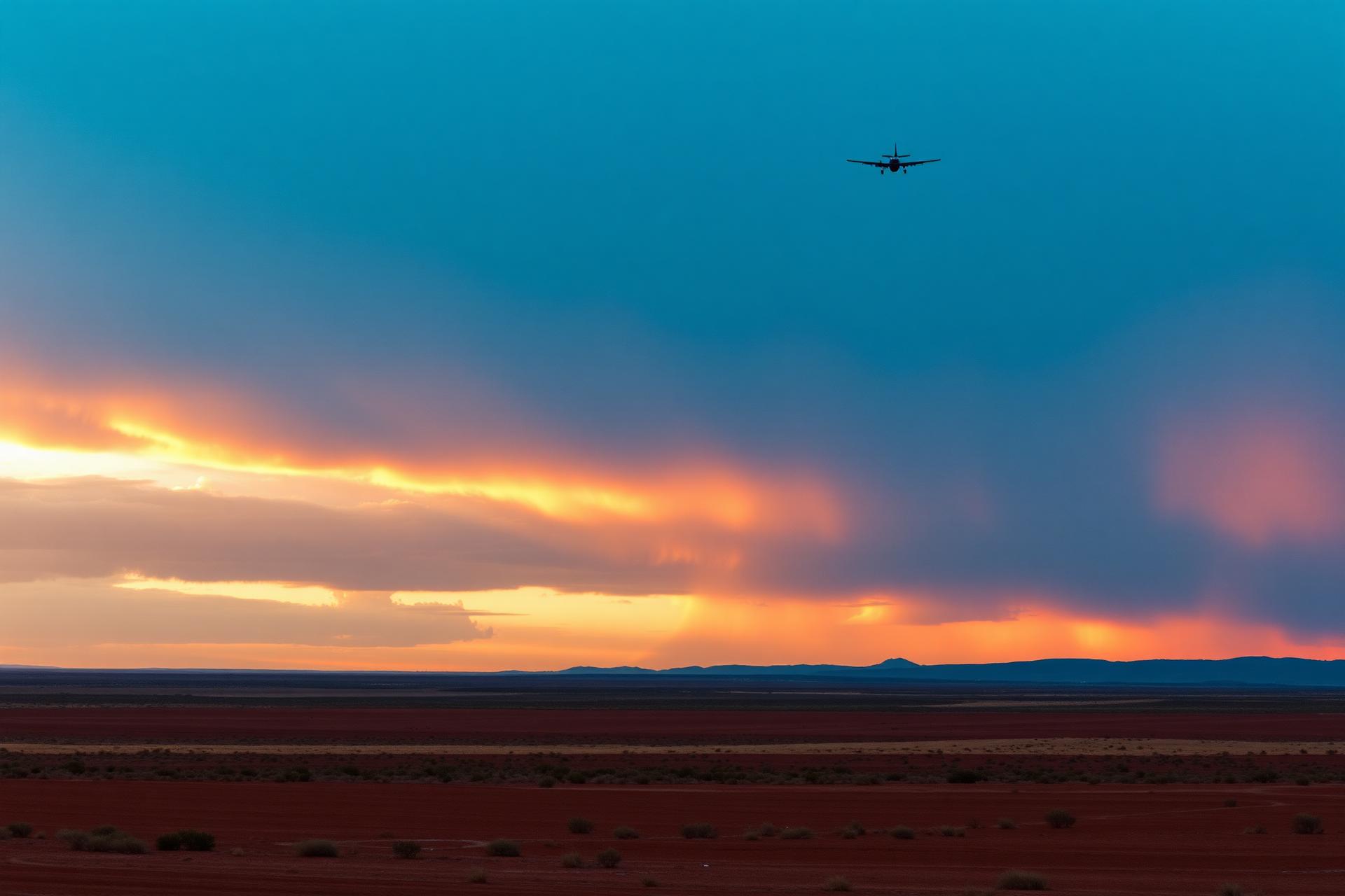 Outback landscape near Broken Hill at dusk with a small aircraft in a wide sky